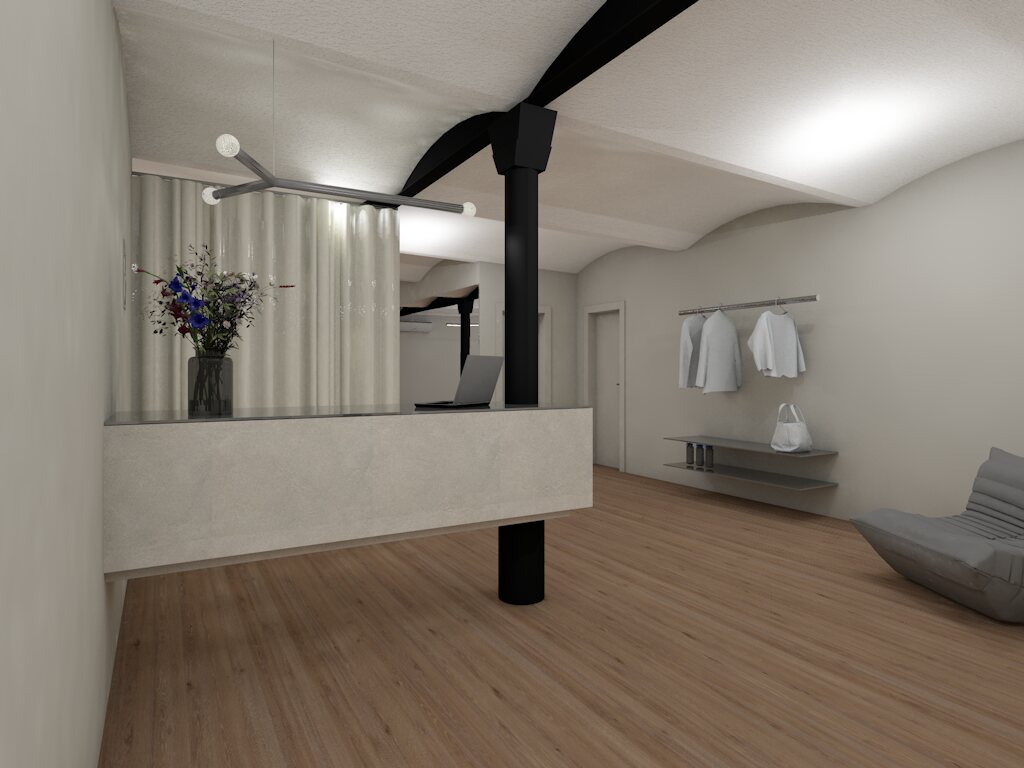 Rendering: Empfangsbereich mit Tresen und Vorhang